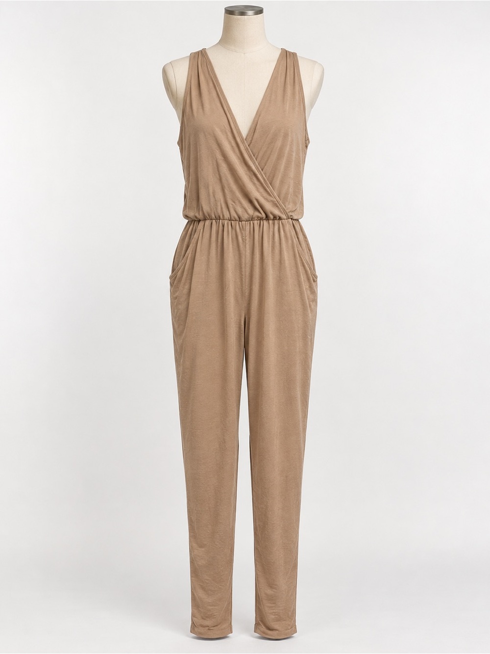 Zara Taupe Sleeveless Surplice Jumpsuit